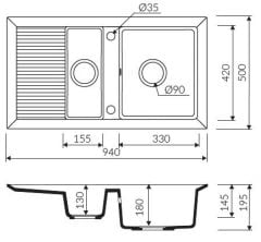 CIRE 940 Granit Evye 1,5 Gözlü Damlalıklı